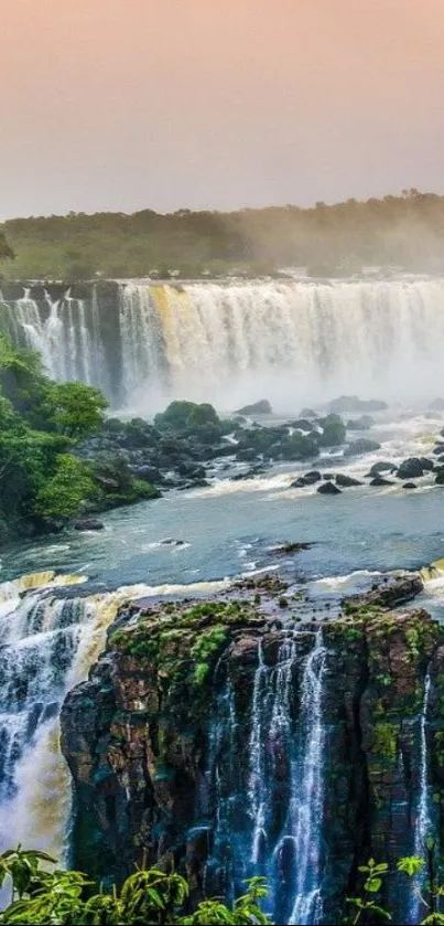 Beautiful waterfall with lush greenery and a scenic view.