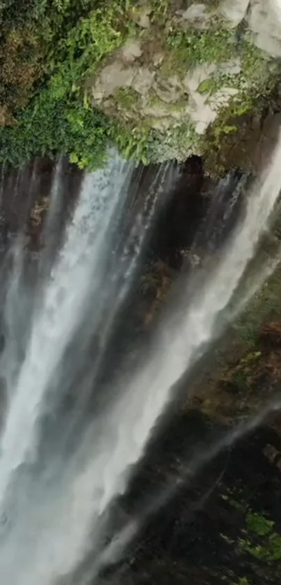 Majestic waterfall cascading amidst lush greenery, creating a tranquil scene.