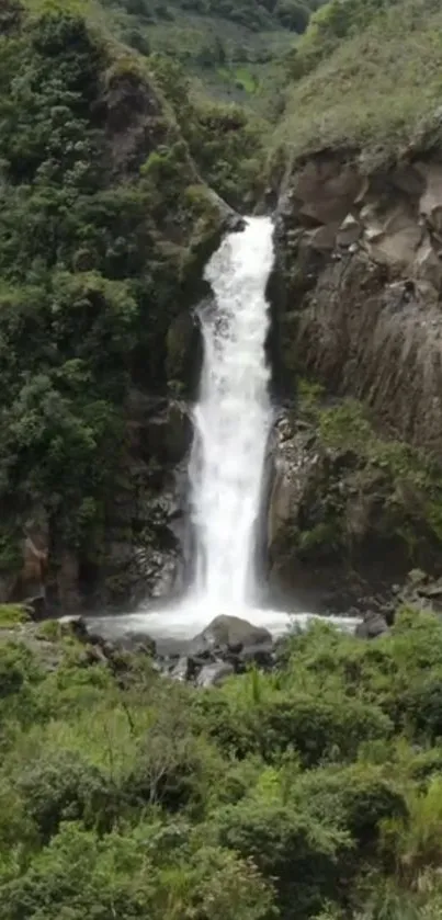 Cascading waterfall with lush greenery around.