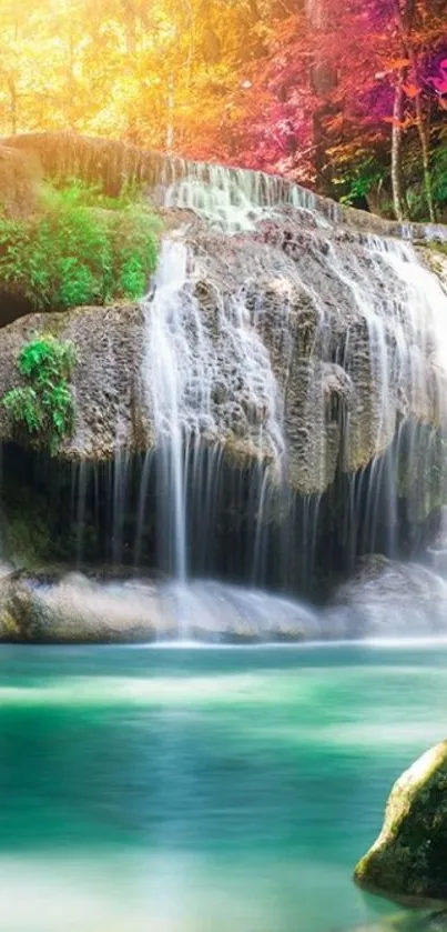 Serene waterfall with autumn colors and lush greenery.