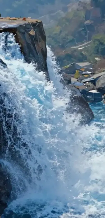 Breathtaking waterfall flowing over rugged cliffs.