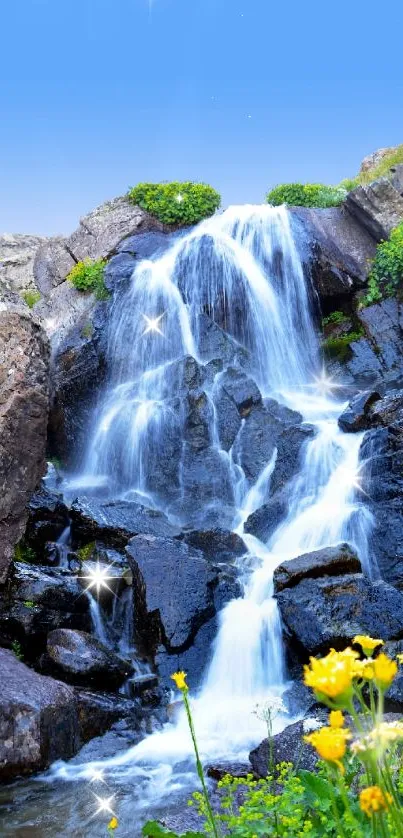 Waterfall with blue sky and flowers in a mobile wallpaper.