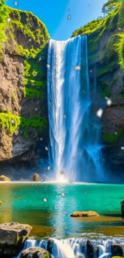 Majestic waterfall cascading into a bright turquoise pool amidst lush greenery.
