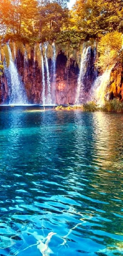 Waterfall with turquoise lake and trees mobile wallpaper.