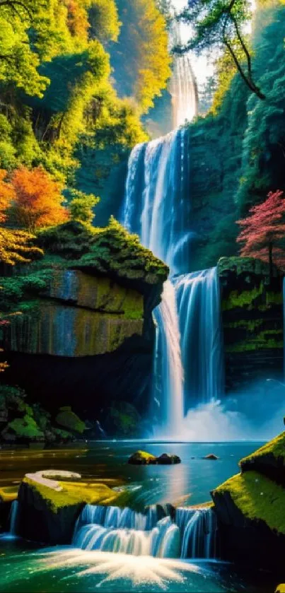 Waterfall with autumn leaves and lush greenery creating a serene scene.