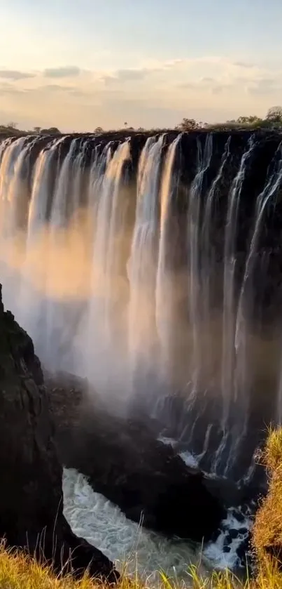 Breathtaking waterfall cascading into a serene landscape under a clear sky.