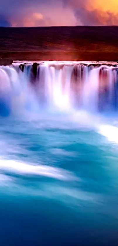 Vibrant waterfall wallpaper with blue hues.