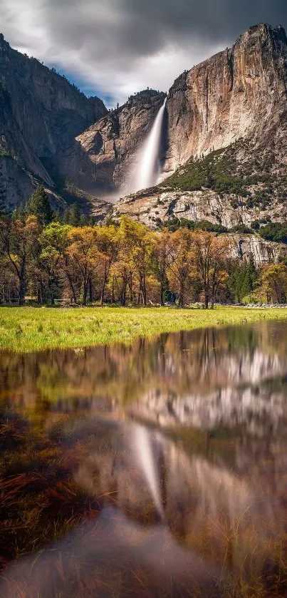 Stunning mountain waterfall with serene reflection.