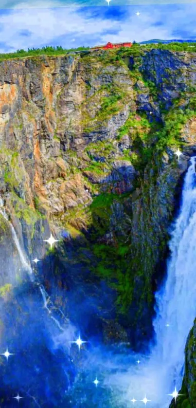 Majestic waterfall cascading down cliffs under a blue sky with stars.