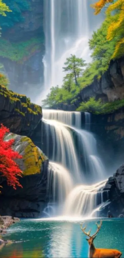 Waterfall cascading through autumn foliage with a deer near the water.
