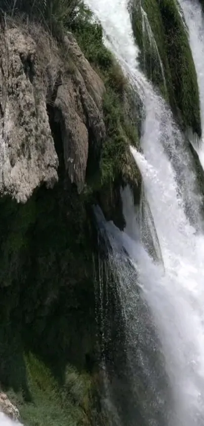 Cascading waterfall with lush greenery.