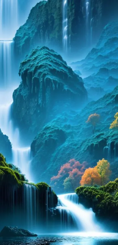 Majestic waterfall in a lush, teal-blue landscape with autumn hues.