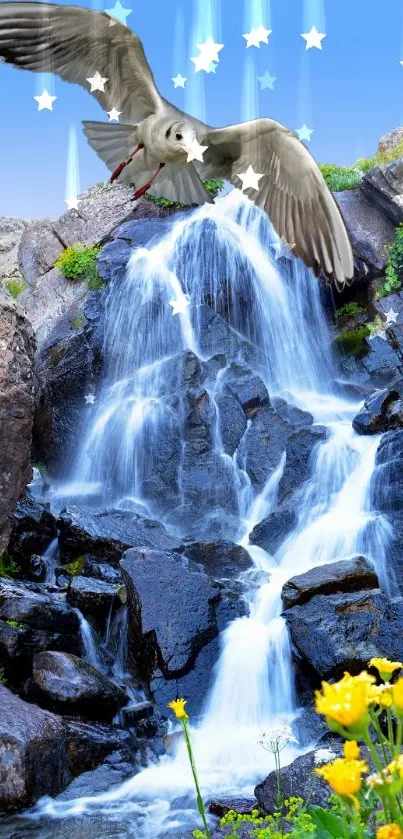 Vibrant waterfall over rocks with wildflowers and blue sky backdrop.