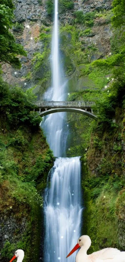 A beautiful waterfall with a natural bridge and surrounding greenery.