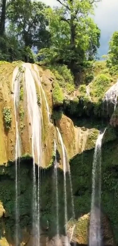 Lush green waterfall landscape with cascading waters.