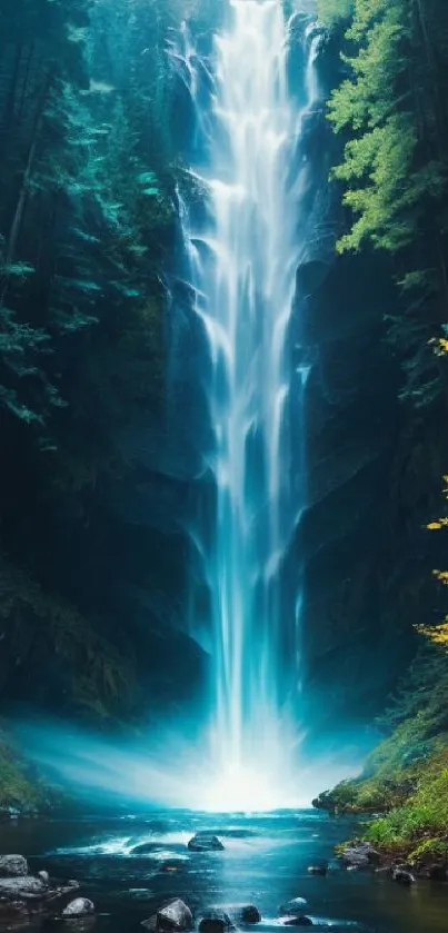 Beautiful waterfall in lush forest setting, vibrant and serene.