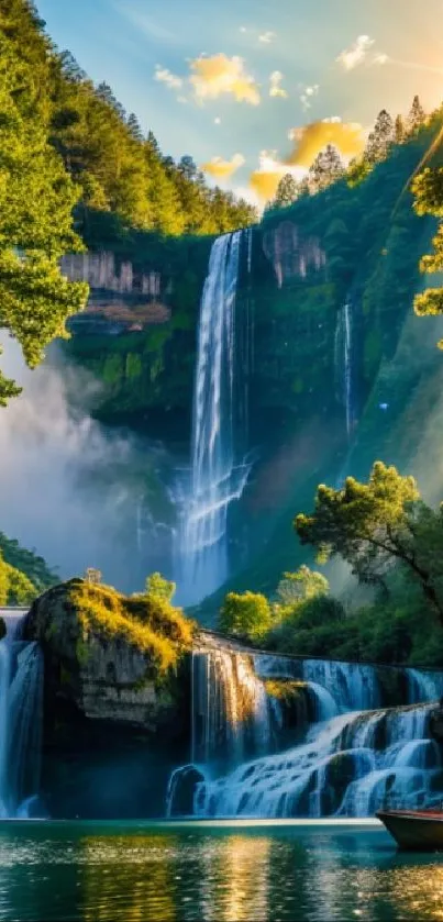 Breathtaking waterfall amidst lush greenery with bright sunlight filtering through trees.