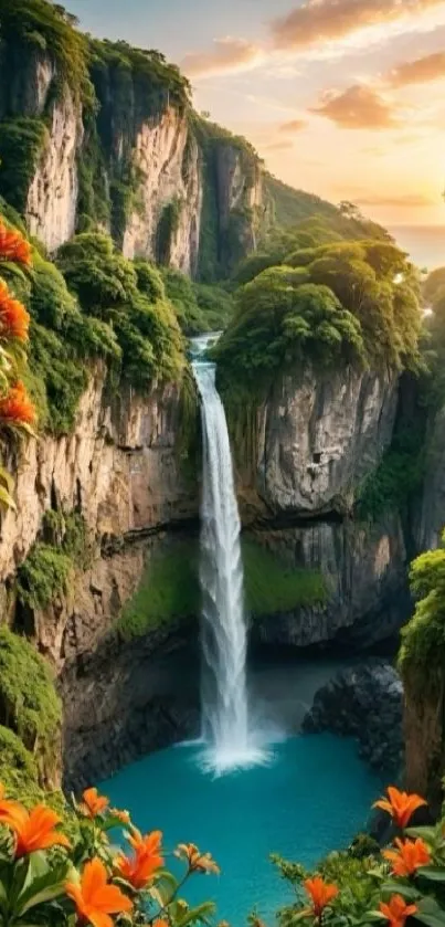 Majestic waterfall with turquoise pool and lush cliffs under sunset sky.