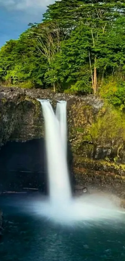 Stunning waterfall with lush greenery in a serene forest landscape.