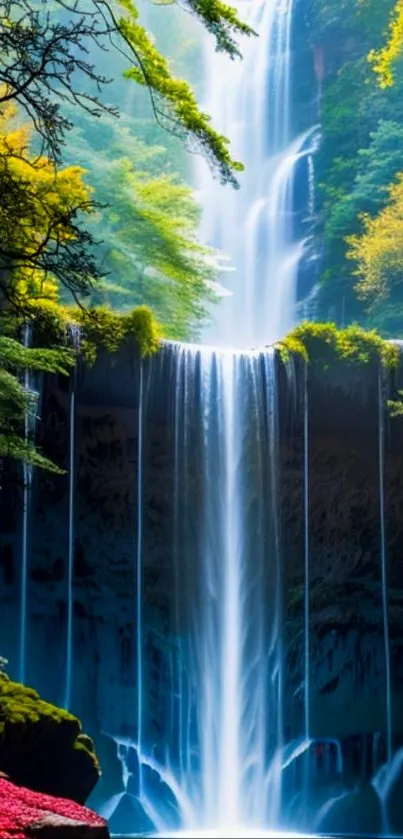 Vibrant waterfall with lush greenery cascading down rocky cliffs.