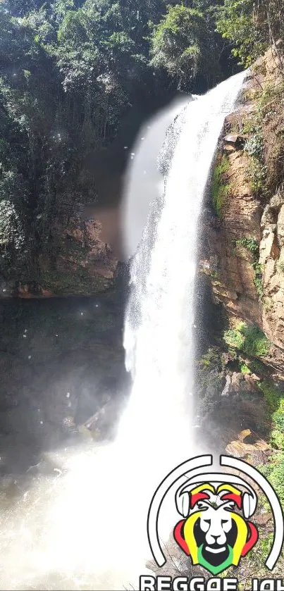 Beautiful waterfall surrounded by lush greenery with reggae logo at the bottom left.