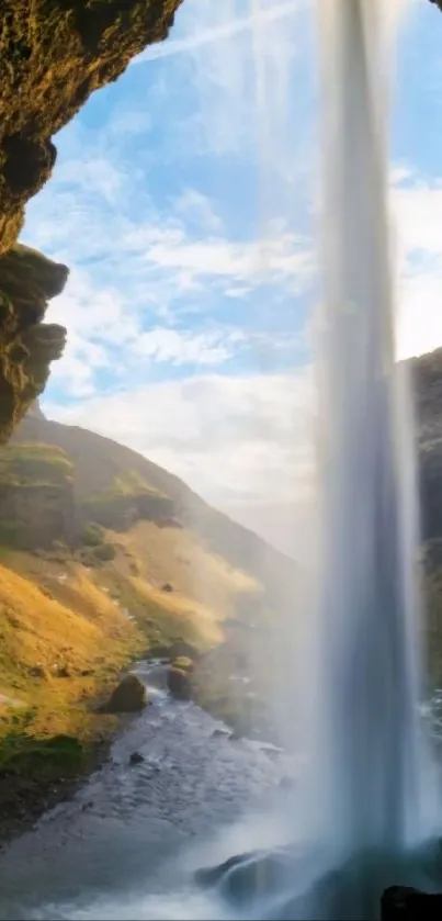 Beautiful scenic view of a waterfall under a clear blue sky.