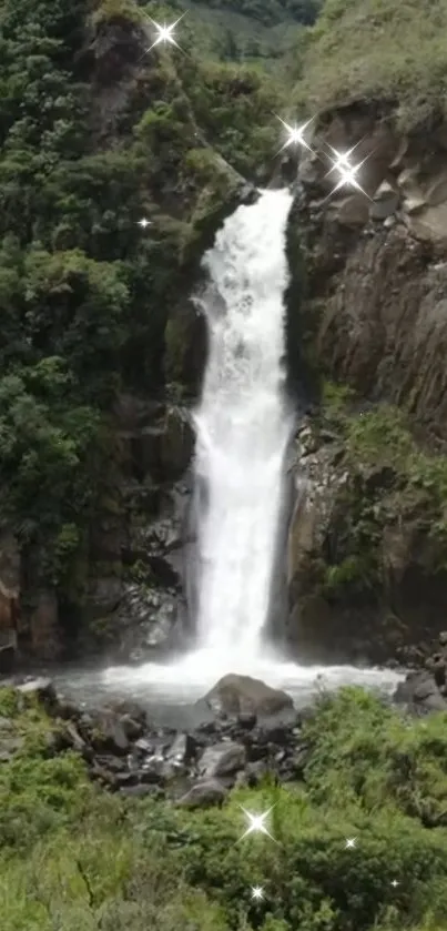 Waterfall cascading down a rocky cliff surrounded by lush greenery.