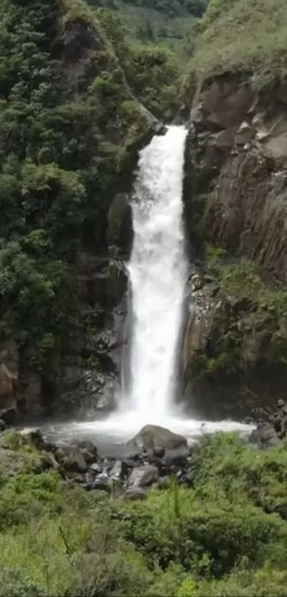 Majestic waterfall in lush green landscape.