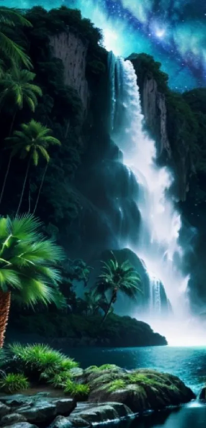 Majestic waterfall illuminated under a starry night sky with tropical greenery.