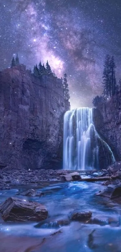 Waterfall under a starry night sky with Milky Way.