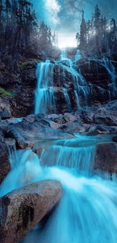 Moonlit waterfall with starry sky and rocky terrain on a nighttime mobile wallpaper.