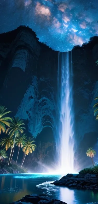 Waterfall under a starry night sky with tropical palms.