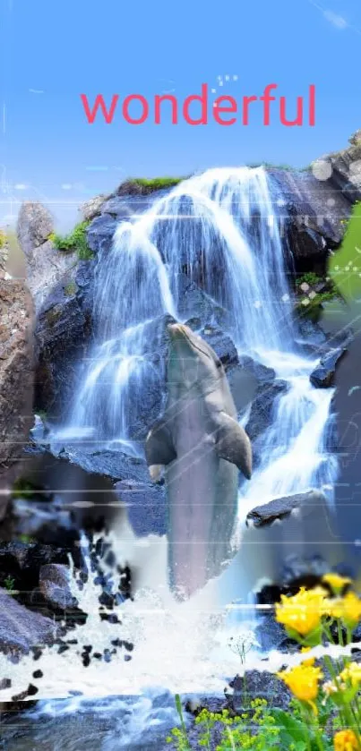 Dolphin jumping through a vibrant waterfall with flowers and greenery.