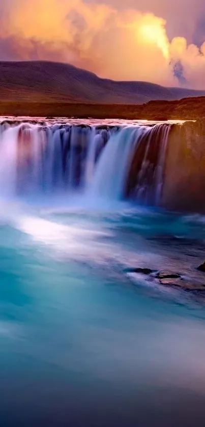 Stunning waterfall and vibrant sky wallpaper for mobile phones.