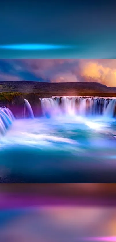 Vibrant turquoise waterfall with colorful sky, perfect for mobile wallpaper.