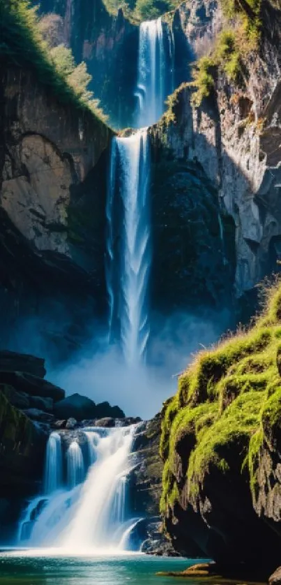 A serene tall waterfall amidst lush green cliffs and forest.