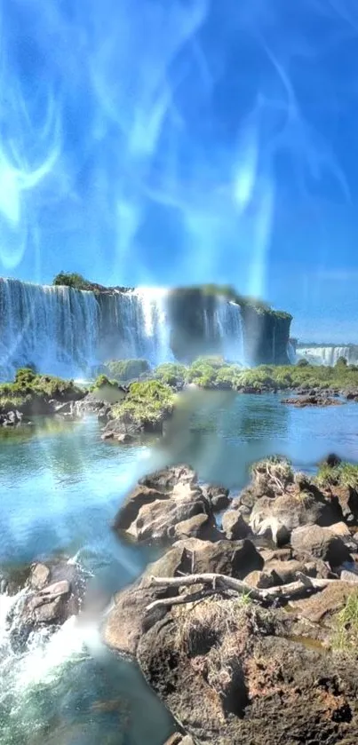 Breathtaking waterfall with blue skies in natural landscape.