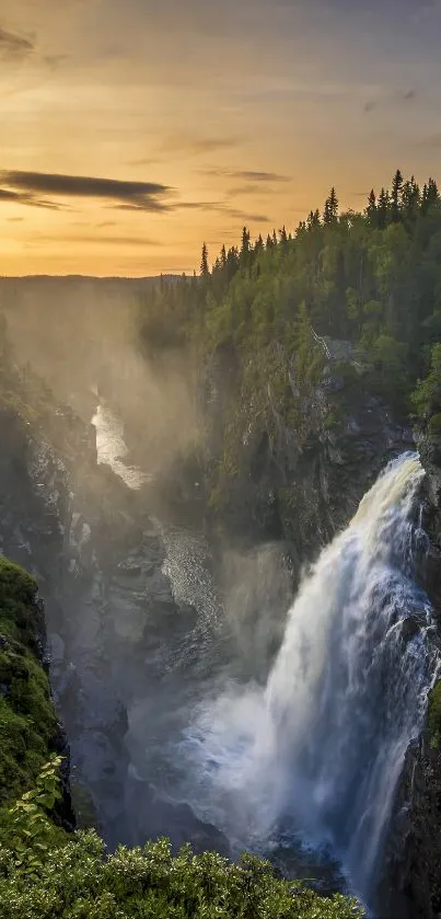 Scenic waterfall with sunset and forest.