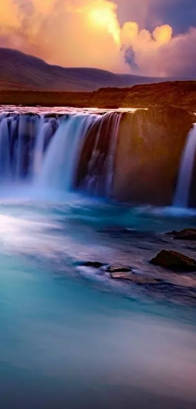 Beautiful sunset over a stunning waterfall landscape wallpaper.