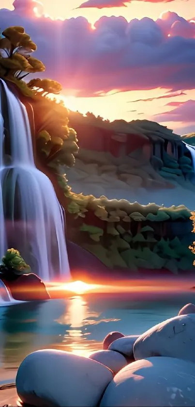 Vibrant sunset over waterfall with calming water reflections.