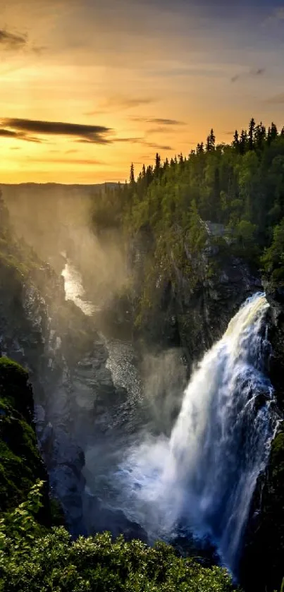 Vibrant sunset over a stunning waterfall in a lush green landscape.