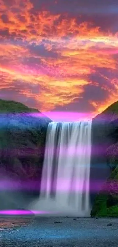 Dramatic waterfall at sunset with vibrant orange sky and lush green surroundings.