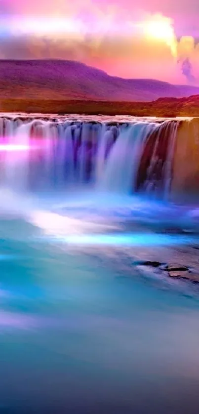 Tranquil waterfall at sunset with vibrant colors in mobile wallpaper.