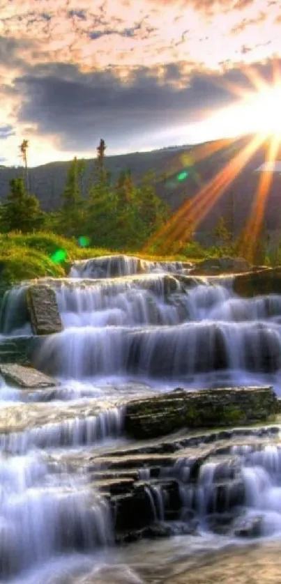 A stunning sunset over a cascading waterfall surrounded by lush greenery.