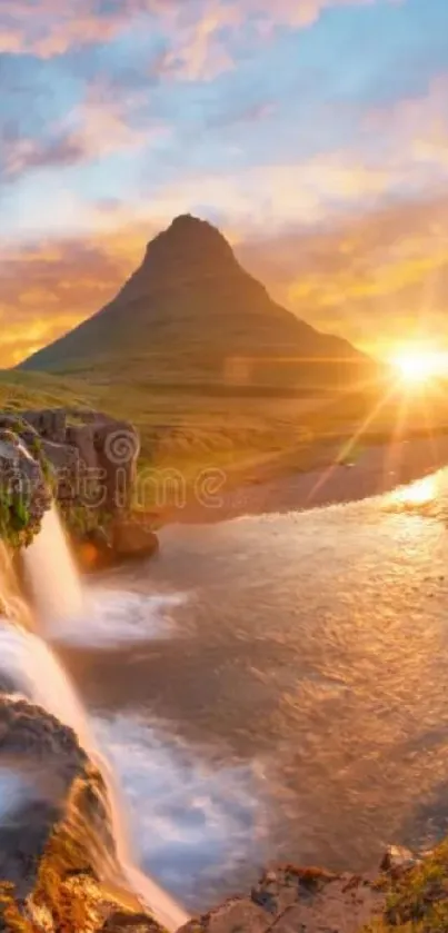 Stunning sunset over a waterfall in beautiful natural scenery.