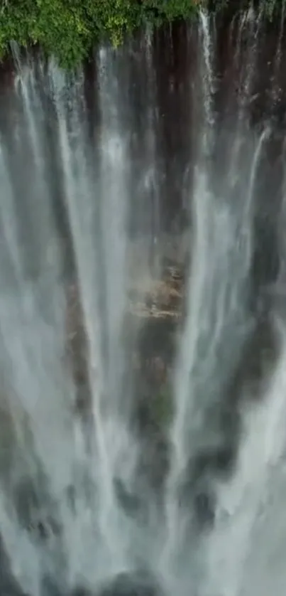 Majestic cascading waterfall with lush greenery overhead, creating a serene scene.