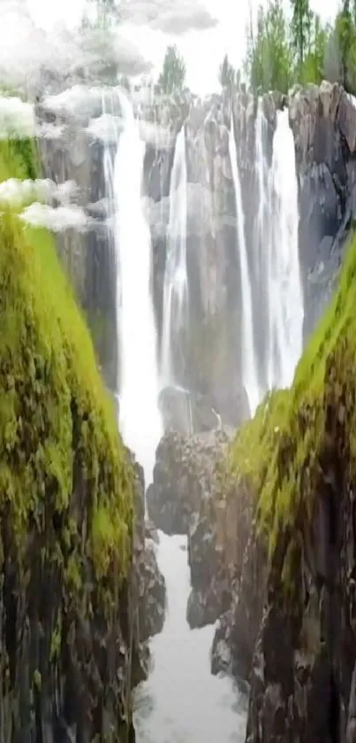 Mobile wallpaper of a lush green waterfall in a scenic canyon.