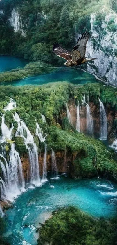 Eagle soaring over lush green waterfalls at Plitvice National Park.