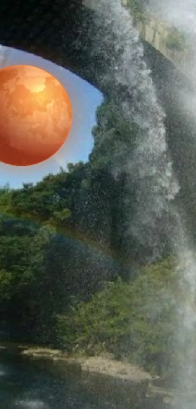 Waterfall with an orange planet under a bridge.