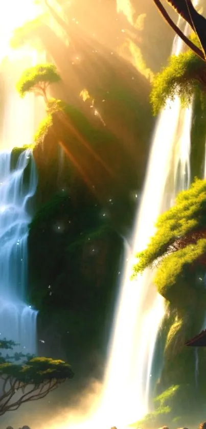 Stunning waterfall flowing through lush green forest, ideal for nature enthusiasts.